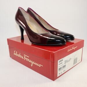 Salvatore Ferragamo Burgundy Patent Cap Toe Pumps Women’s 9.5 AA Italy‎